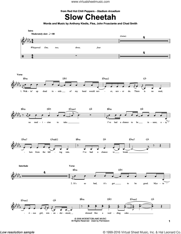 Slow Cheetah sheet music for drums by Red Hot Chili Peppers, Anthony Kiedis, Chad Smith, Flea and John Frusciante, intermediate skill level