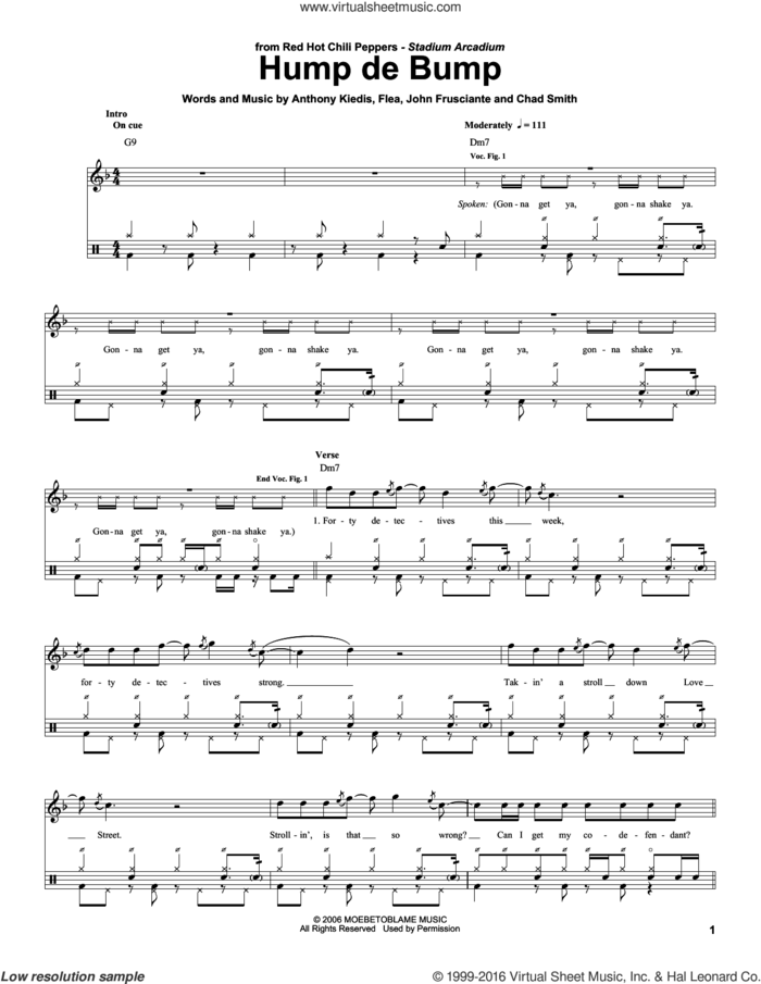 Hump De Bump sheet music for drums by Red Hot Chili Peppers, Anthony Kiedis, Chad Smith, Flea and John Frusciante, intermediate skill level