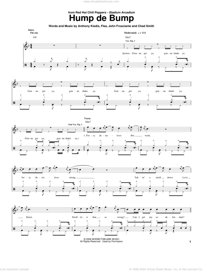 Hump De Bump sheet music for drums by Red Hot Chili Peppers, Anthony Kiedis, Chad Smith, Flea and John Frusciante, intermediate skill level