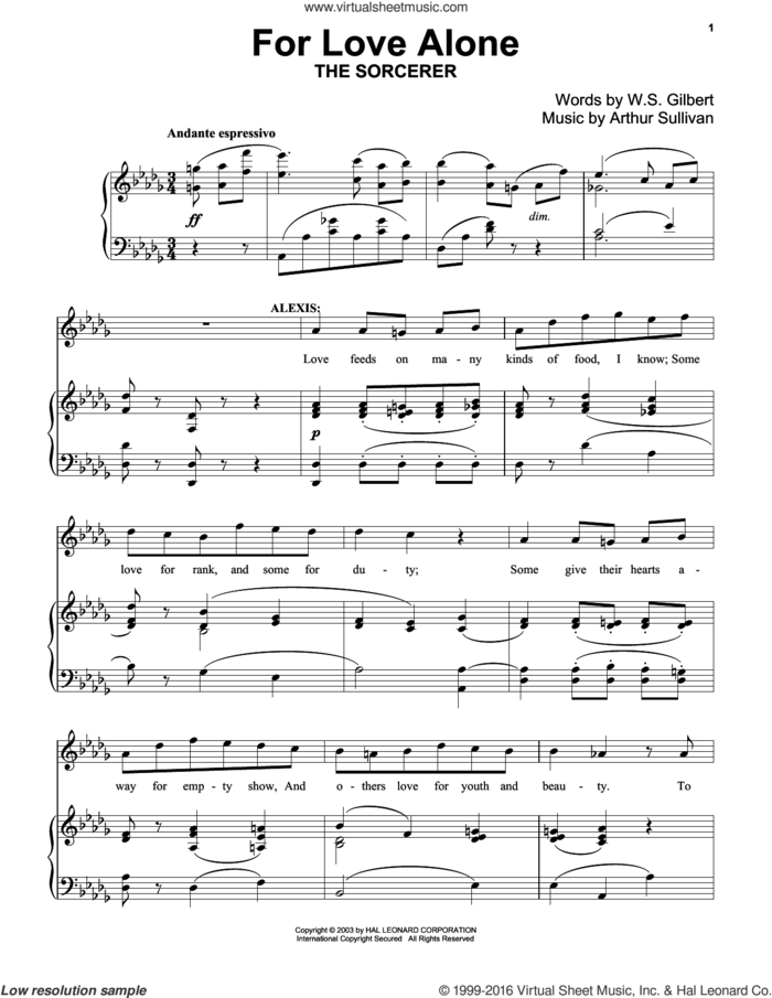 For Love Alone sheet music for voice and piano by Gilbert & Sullivan, Richard Walters, Arthur Sullivan and William S. Gilbert, classical score, intermediate skill level