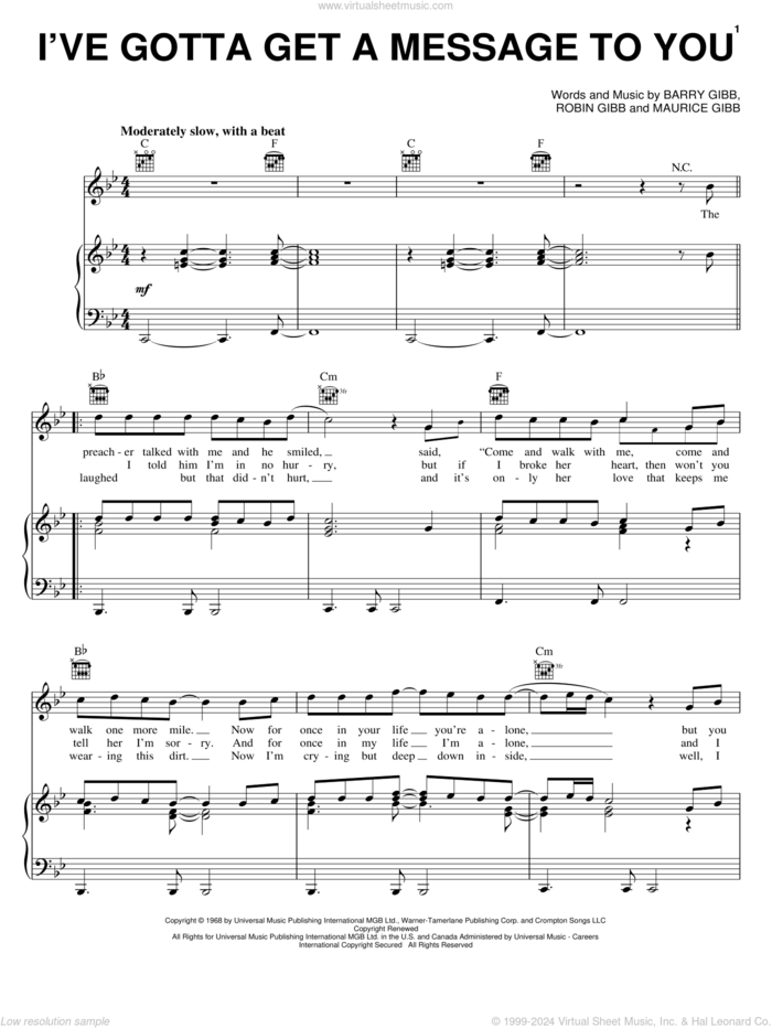 I've Gotta Get A Message To You sheet music for voice, piano or guitar by Bee Gees, Barry Gibb, Maurice Gibb and Robin Gibb, intermediate skill level