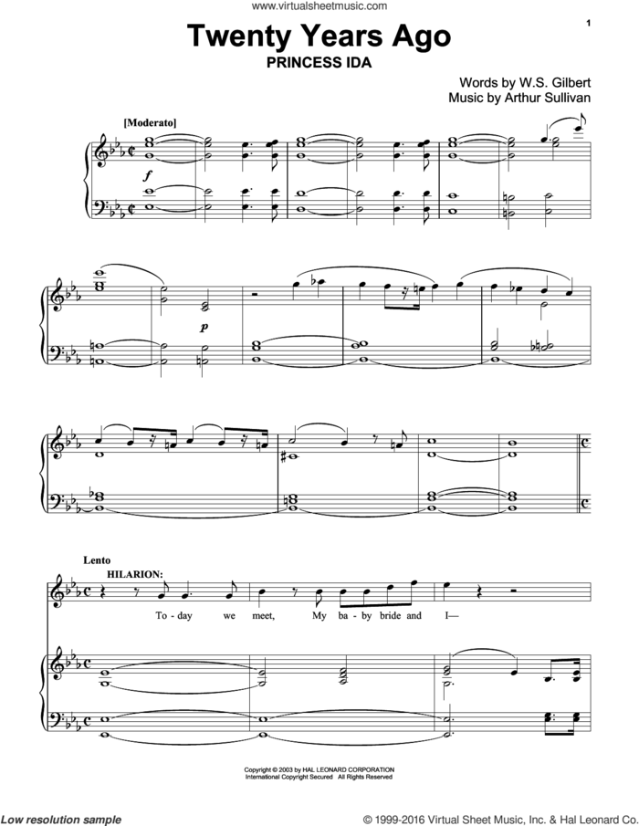 Twenty Years Ago sheet music for voice and piano by Gilbert & Sullivan, Richard Walters, Arthur Sullivan and William S. Gilbert, classical score, intermediate skill level