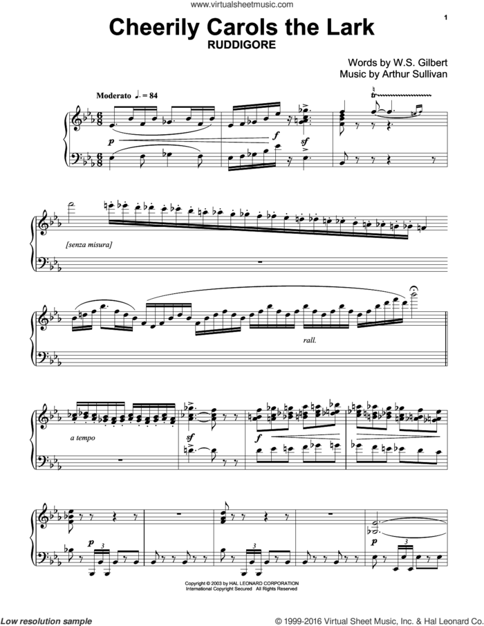 Cheerily Carols The Lark sheet music for piano solo by Gilbert & Sullivan, Richard Walters, Arthur Sullivan and William S. Gilbert, classical score, intermediate skill level