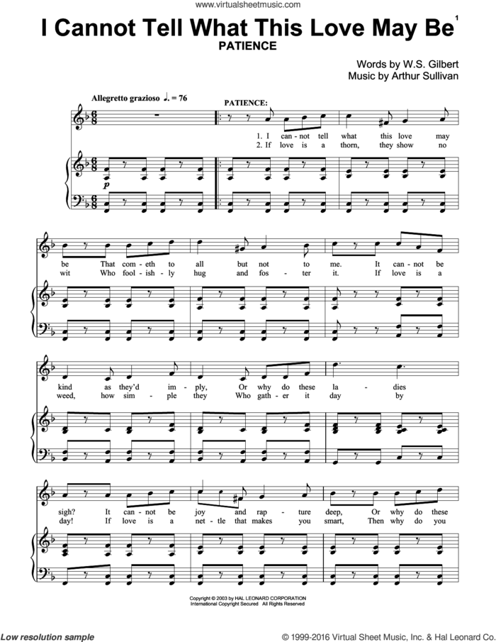 I Can Not Tell What This Love May Be sheet music for piano solo by Gilbert & Sullivan, Richard Walters, Arthur Sullivan and William S. Gilbert, classical score, intermediate skill level