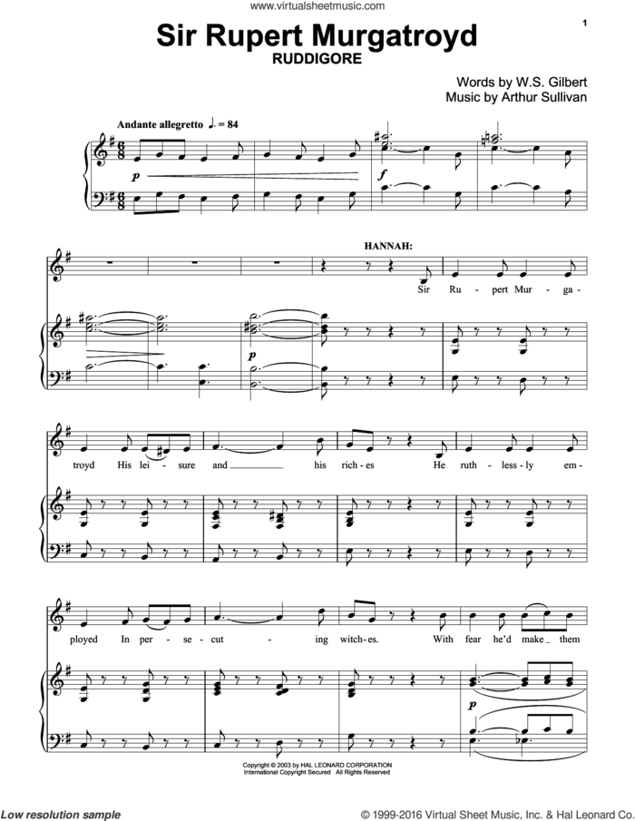 Sir Rupert Murgatroyd sheet music for piano solo by Gilbert & Sullivan, Richard Walters, Arthur Sullivan and William S. Gilbert, classical score, intermediate skill level