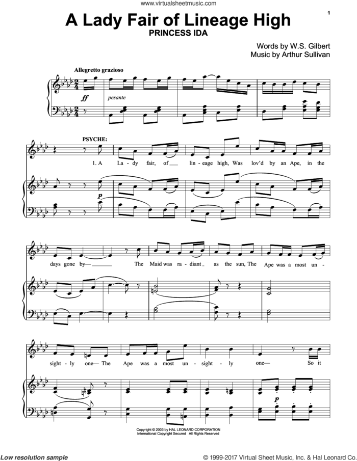A Lady Fair sheet music for piano solo by Gilbert & Sullivan, Richard Walters, Arthur Sullivan and William S. Gilbert, classical score, intermediate skill level