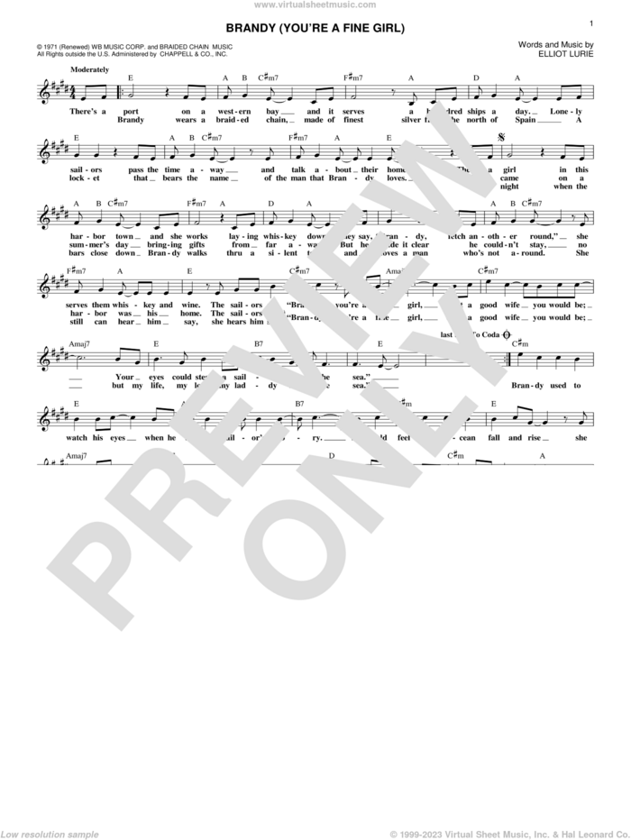 Brandy (You're A Fine Girl) sheet music for voice and other instruments (fake book) by Looking Glass and Elliot Lurie, intermediate skill level