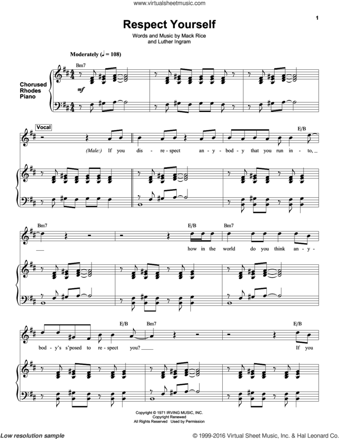 Respect Yourself sheet music for keyboard or piano by The Staple Singers, Luther Ingram and Mack Rice, intermediate skill level