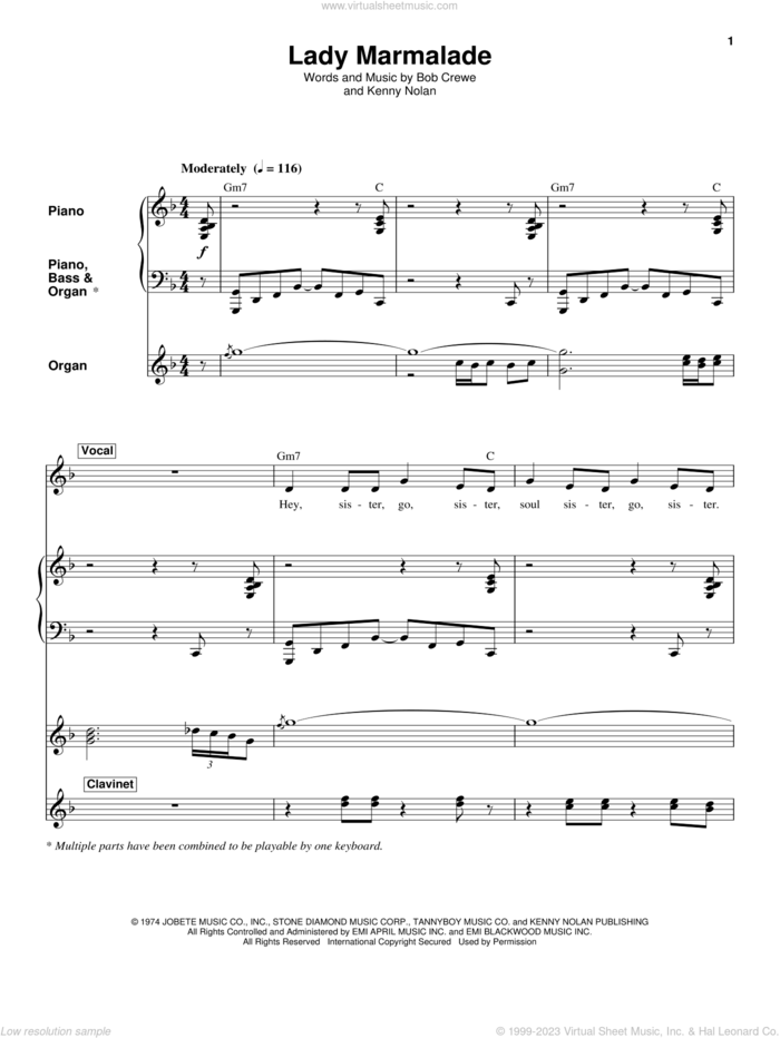 Lady Marmalade sheet music for keyboard or piano by Patti LaBelle, Kenny Nolan and Robert Crew, intermediate skill level