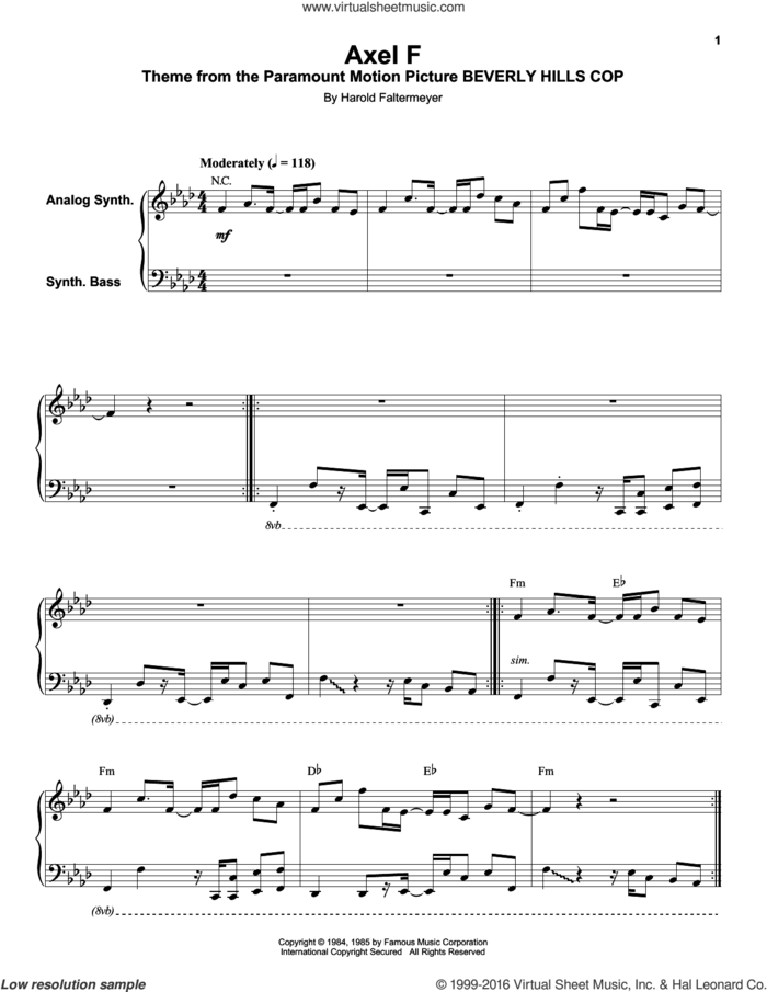 Axel F sheet music for keyboard or piano by Harold Faltermeyer and Crazy Frog, intermediate skill level