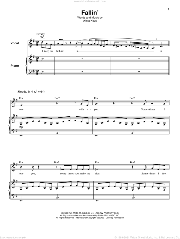 Fallin' sheet music for keyboard or piano by Alicia Keys, intermediate skill level
