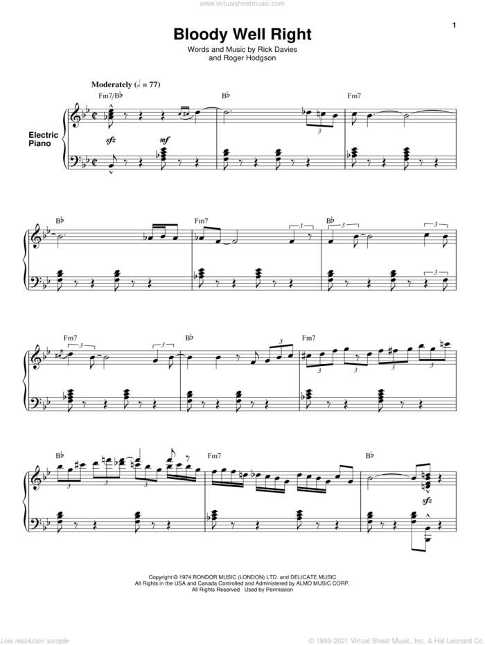 Bloody Well Right sheet music for keyboard or piano by Supertramp, Rick Davies and Roger Hodgson, intermediate skill level