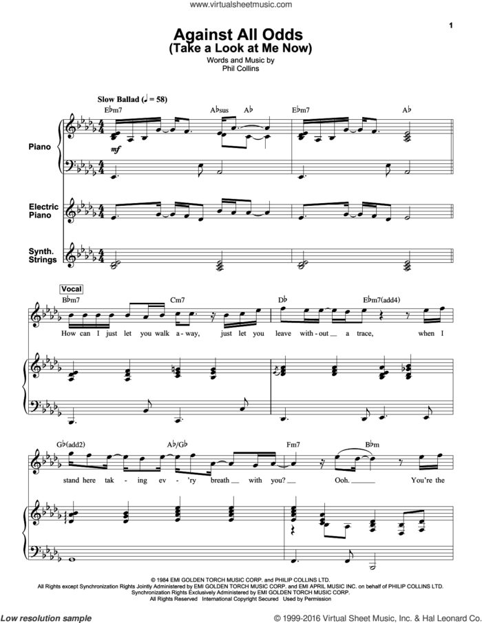 Against All Odds (Take A Look At Me Now) sheet music for keyboard or piano by Phil Collins, intermediate skill level