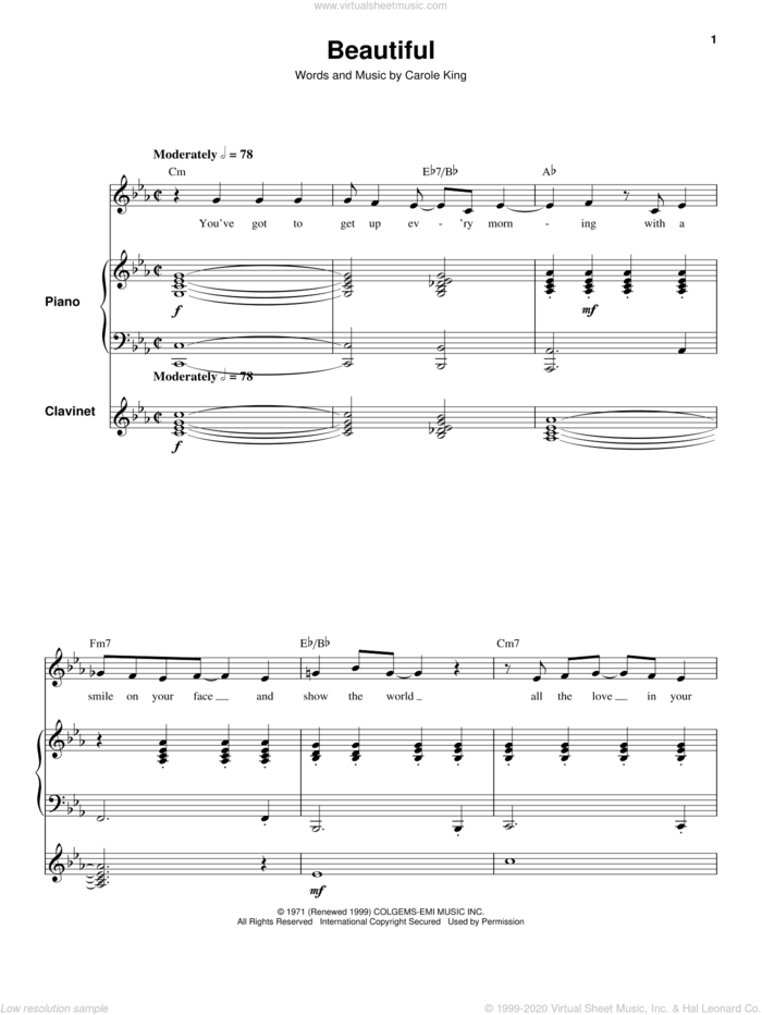 Beautiful sheet music for keyboard or piano by Carole King, intermediate skill level