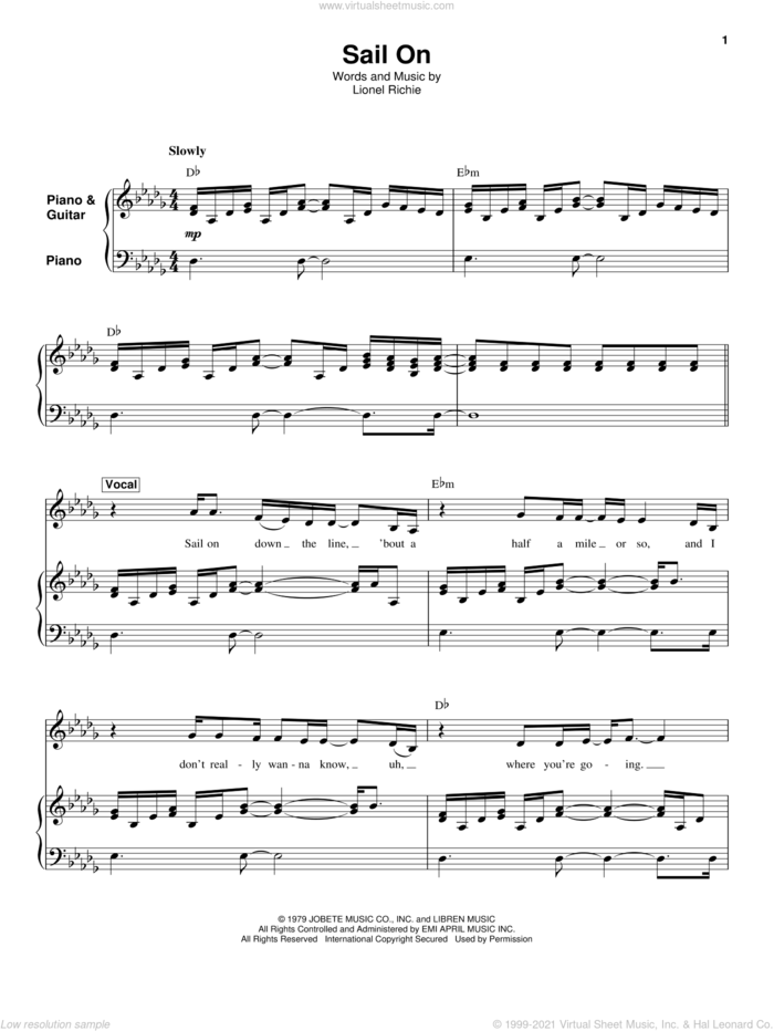 Sail On sheet music for keyboard or piano by The Commodores and Lionel Richie, intermediate skill level