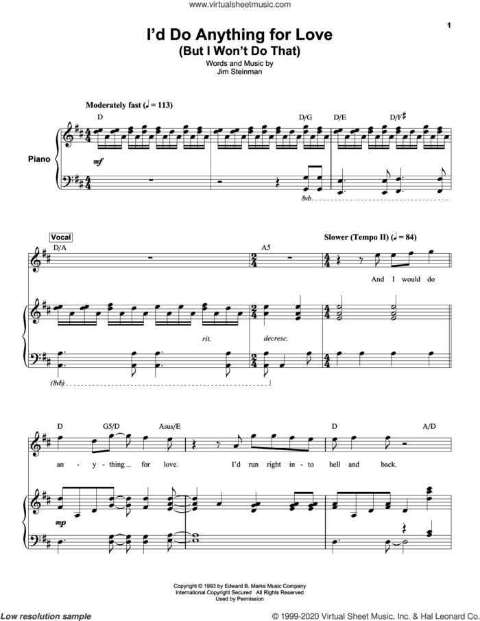 I'd Do Anything For Love (But I Won't Do That) sheet music for keyboard or piano by Meat Loaf and Jim Steinman, intermediate skill level