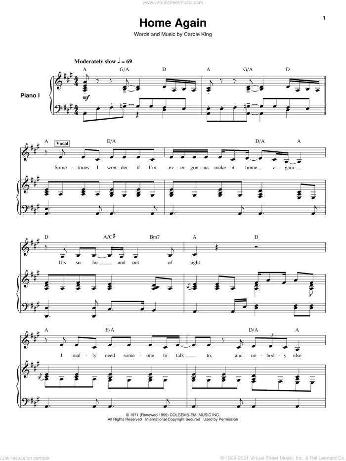 Home Again sheet music for keyboard or piano by Carole King, intermediate skill level