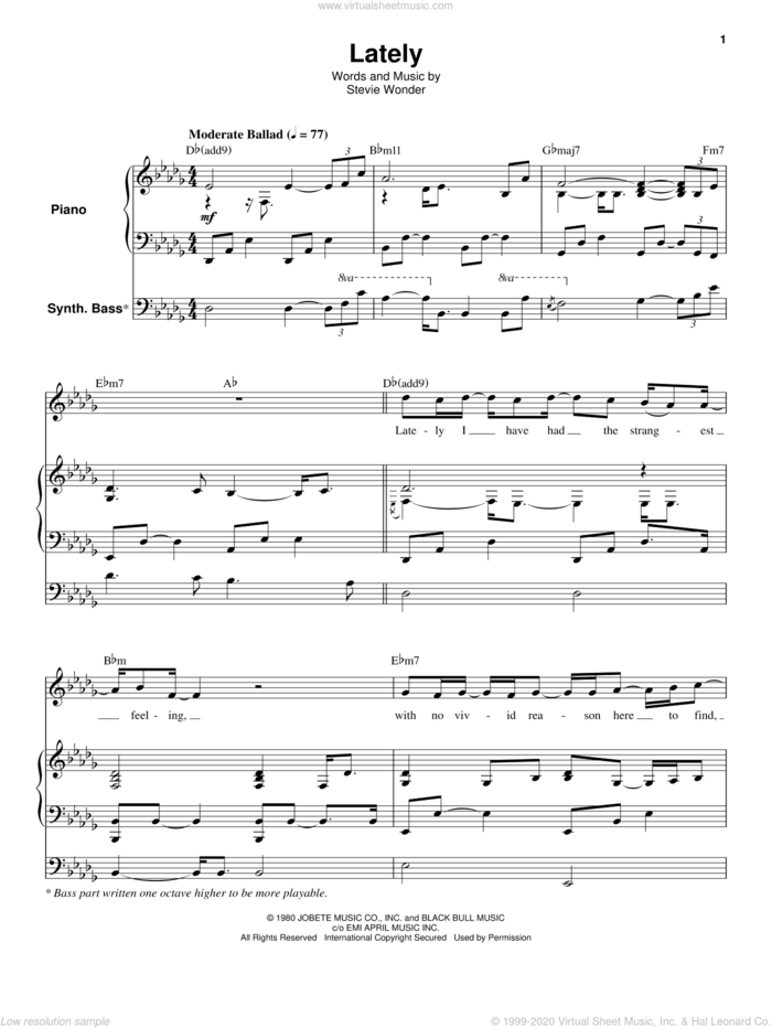 Lately sheet music for keyboard or piano by Stevie Wonder, intermediate skill level