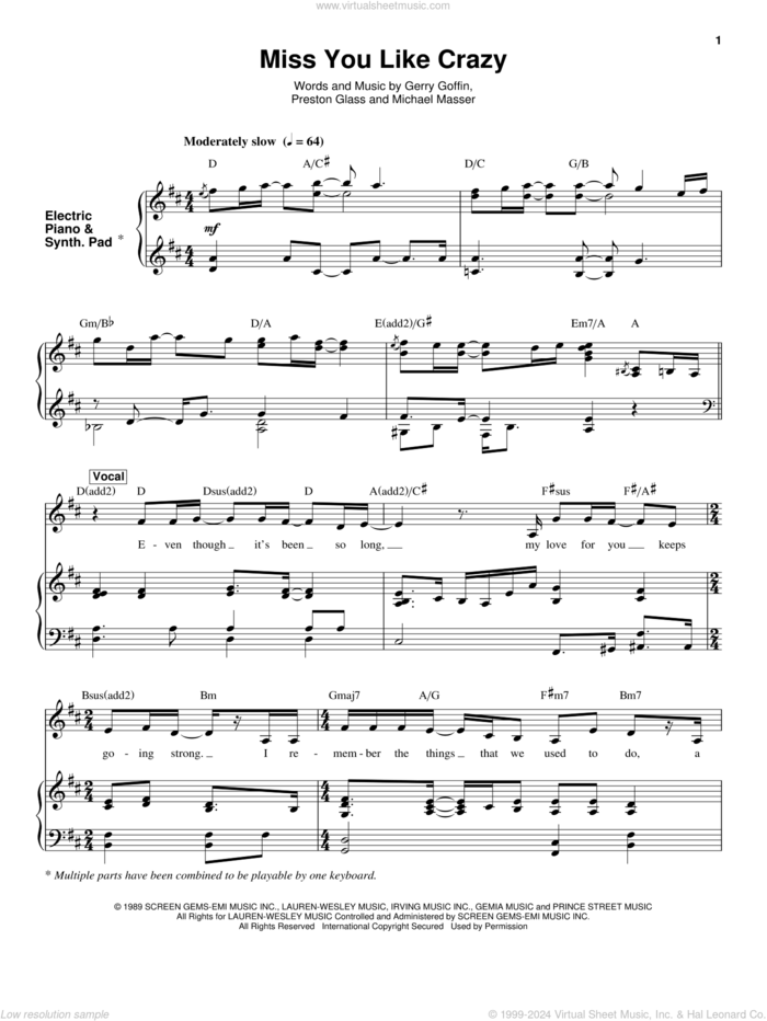 Miss You Like Crazy sheet music for keyboard or piano by Preston Glass, Gerry Goffin and Michael Masser, intermediate skill level