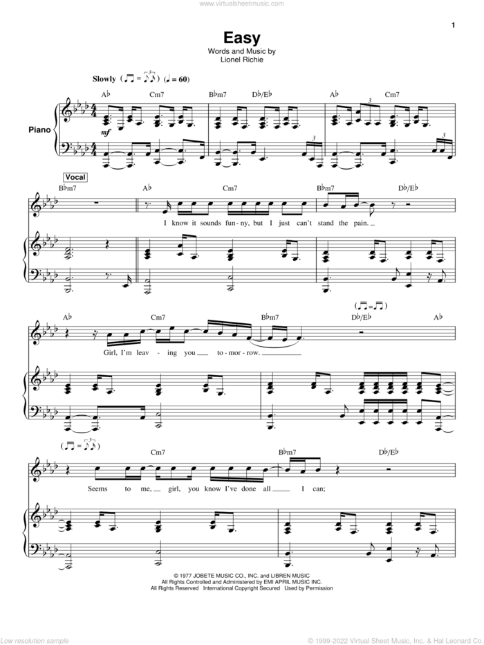 Easy sheet music for keyboard or piano by The Commodores and Lionel Richie, intermediate skill level