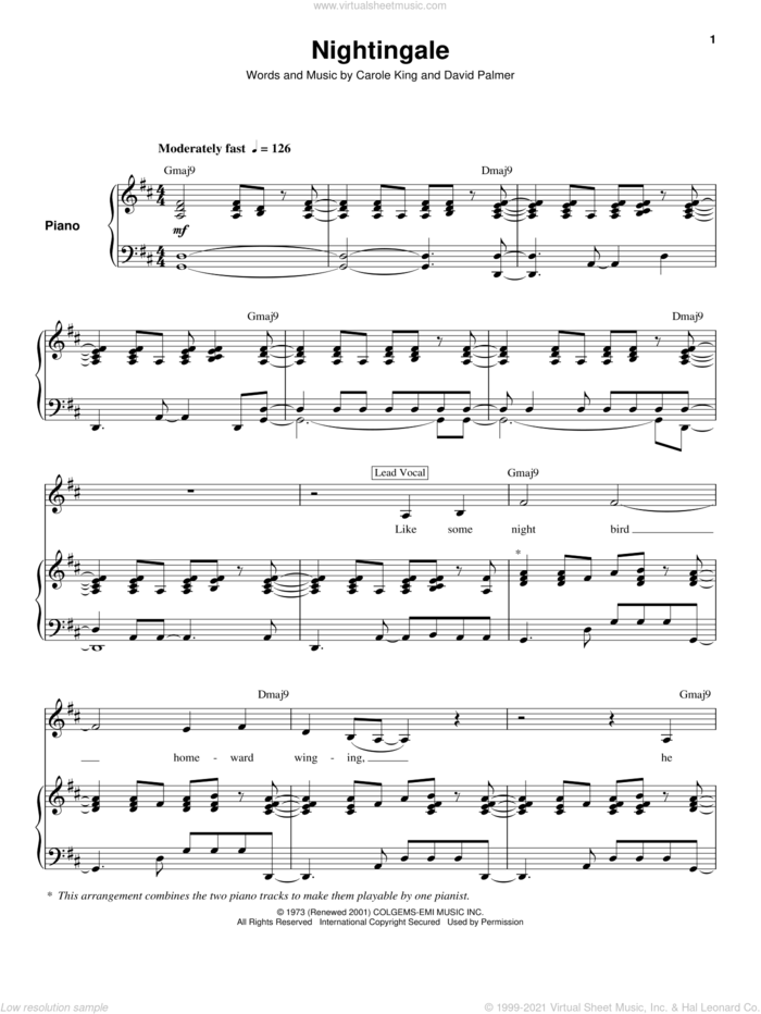 Nightingale sheet music for keyboard or piano by Carole King and David Palmer, intermediate skill level