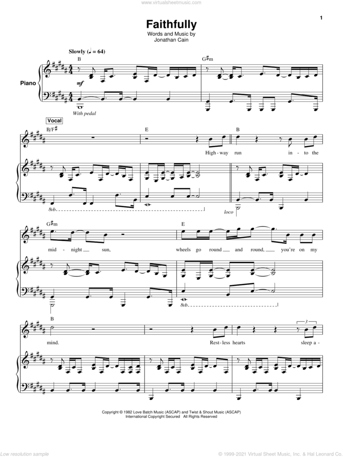Faithfully sheet music for keyboard or piano by Journey and Jonathan Cain, intermediate skill level