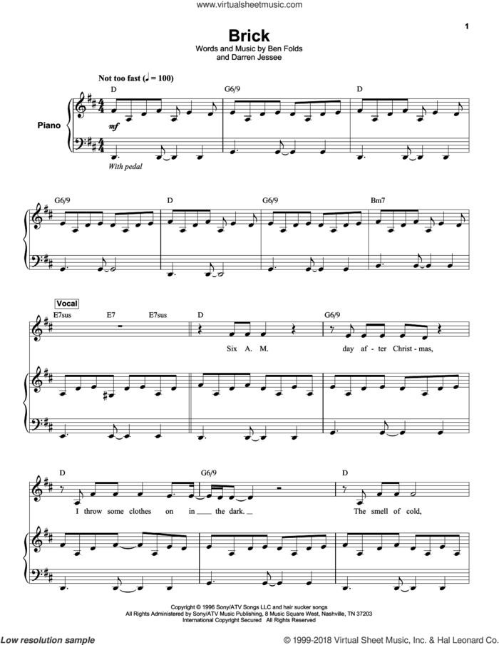 Brick sheet music for keyboard or piano by Ben Folds Five, Ben Folds and Darren Jessee, intermediate skill level