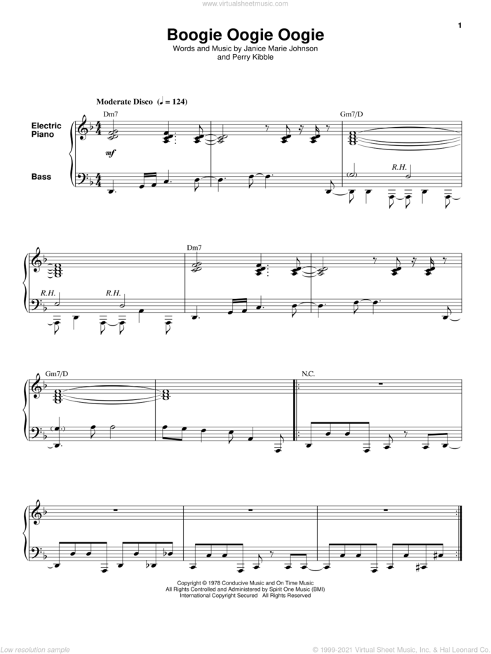 Boogie Oogie Oogie sheet music for keyboard or piano by A Taste Of Honey, Janice Marie Johnson and Perry Kibble, intermediate skill level