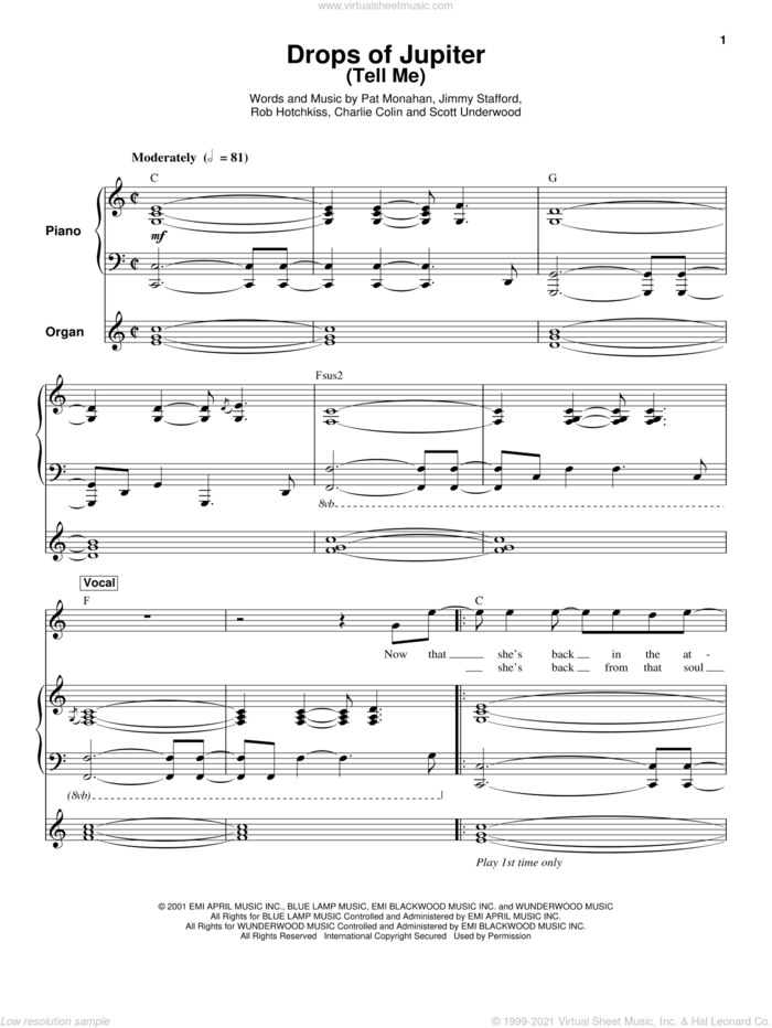 Drops Of Jupiter (Tell Me) sheet music for keyboard or piano by Train, Charles Colin, James Stafford, Pat Monahan, Robert Hotchkiss and Scott Underwood, intermediate skill level