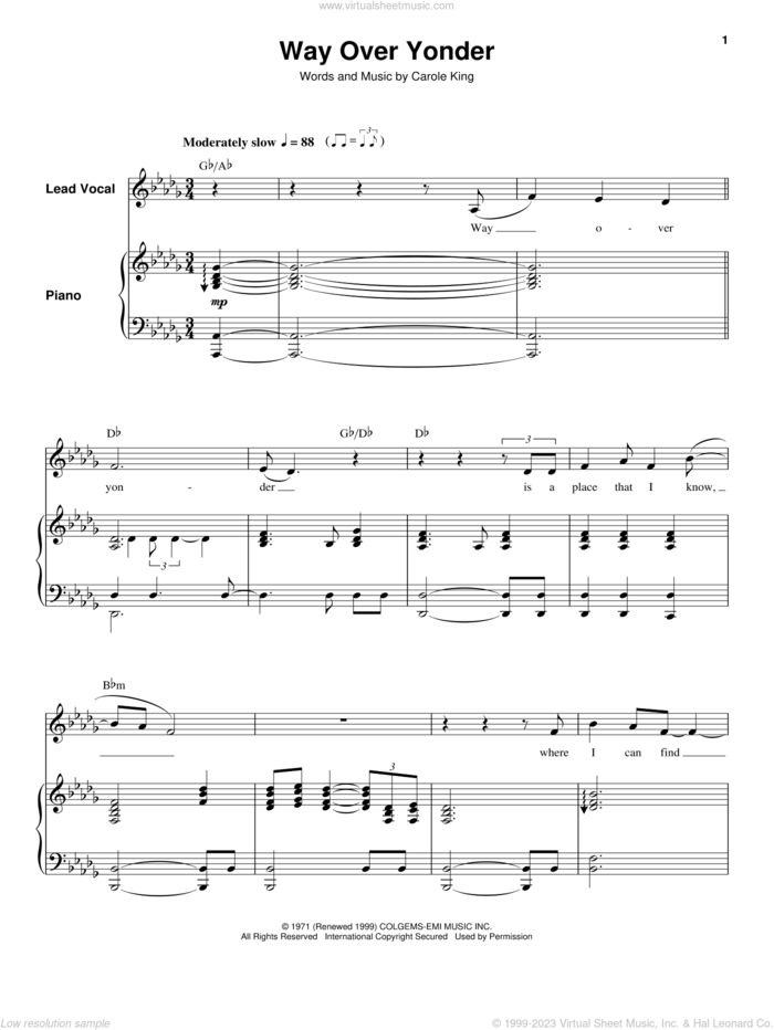 Way Over Yonder sheet music for keyboard or piano by Carole King, intermediate skill level