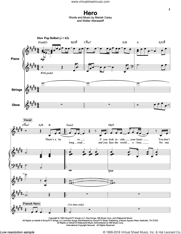 Hero sheet music for keyboard or piano by Mariah Carey and Walter Afanasieff, intermediate skill level
