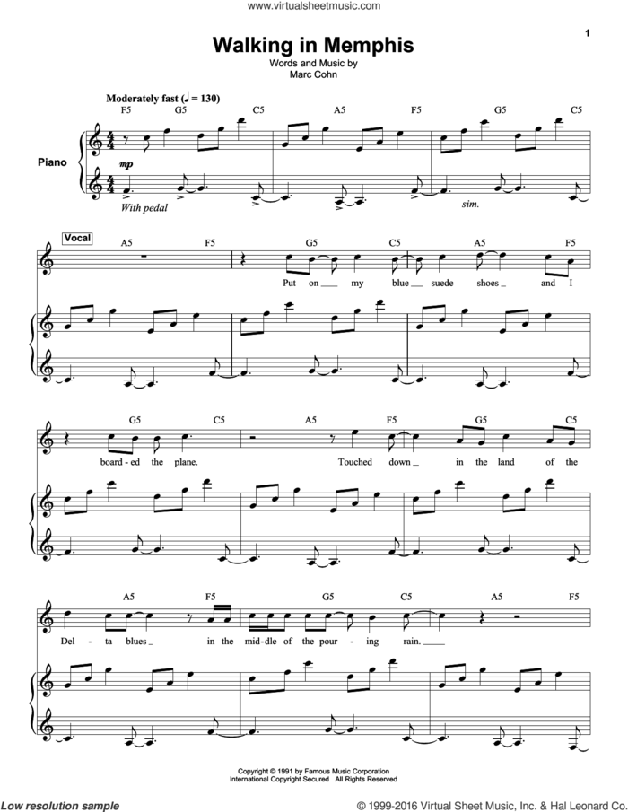 Walking In Memphis sheet music for keyboard or piano by Marc Cohn and Lonestar, intermediate skill level