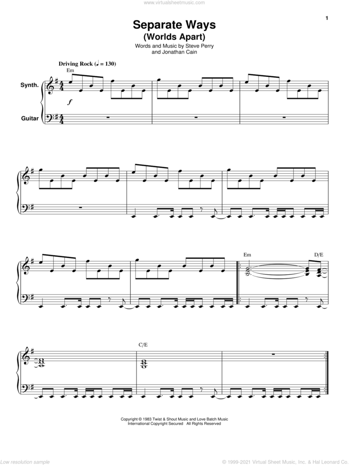 Separate Ways (Worlds Apart) sheet music for keyboard or piano by Journey, Jonathan Cain and Steve Perry, intermediate skill level