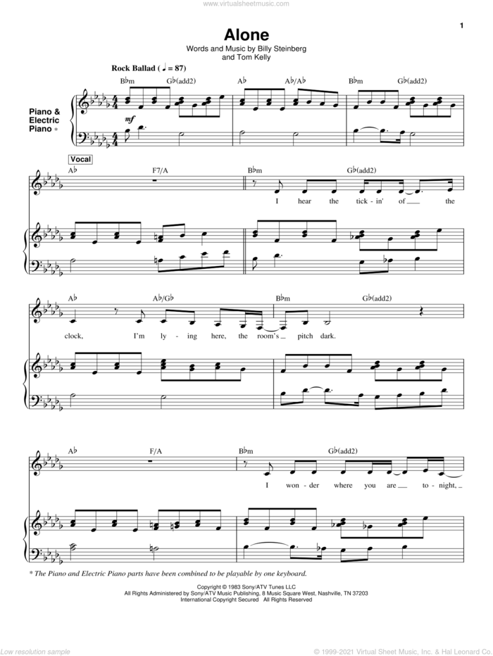 Alone sheet music for keyboard or piano by Heart, Celine Dion, Billy Steinberg and Tom Kelly, intermediate skill level