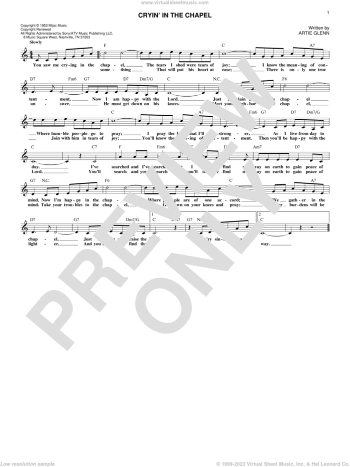 Cryin' In The Chapel sheet music for voice and other instruments (fake book) by Elvis Presley and Artie Glenn, intermediate skill level