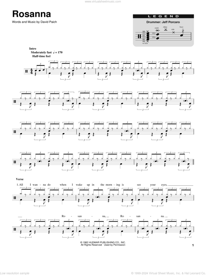 Rosanna sheet music for drums by Toto and David Paich, intermediate skill level