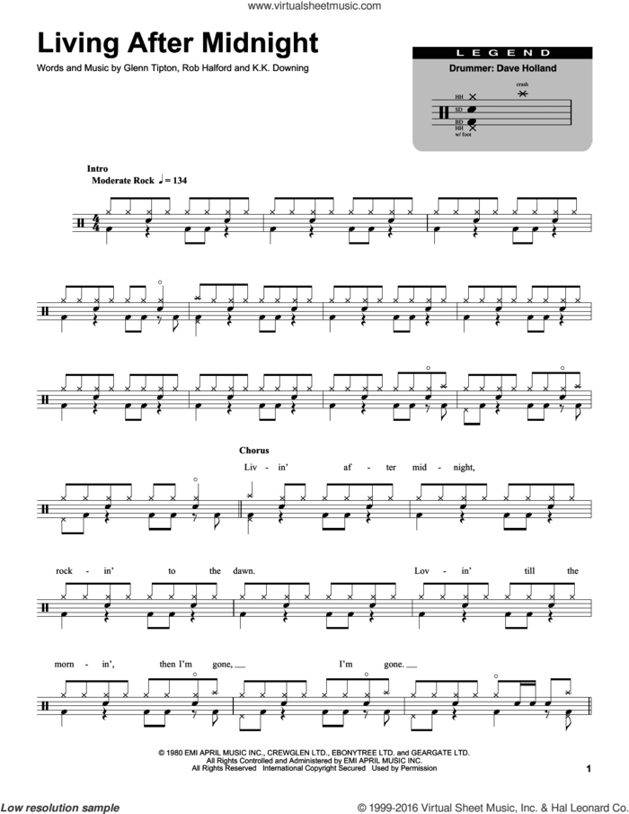 Living After Midnight sheet music for drums by Judas Priest, Glenn Raymond Tipton, Kenneth Downing and Rob Halford, intermediate skill level