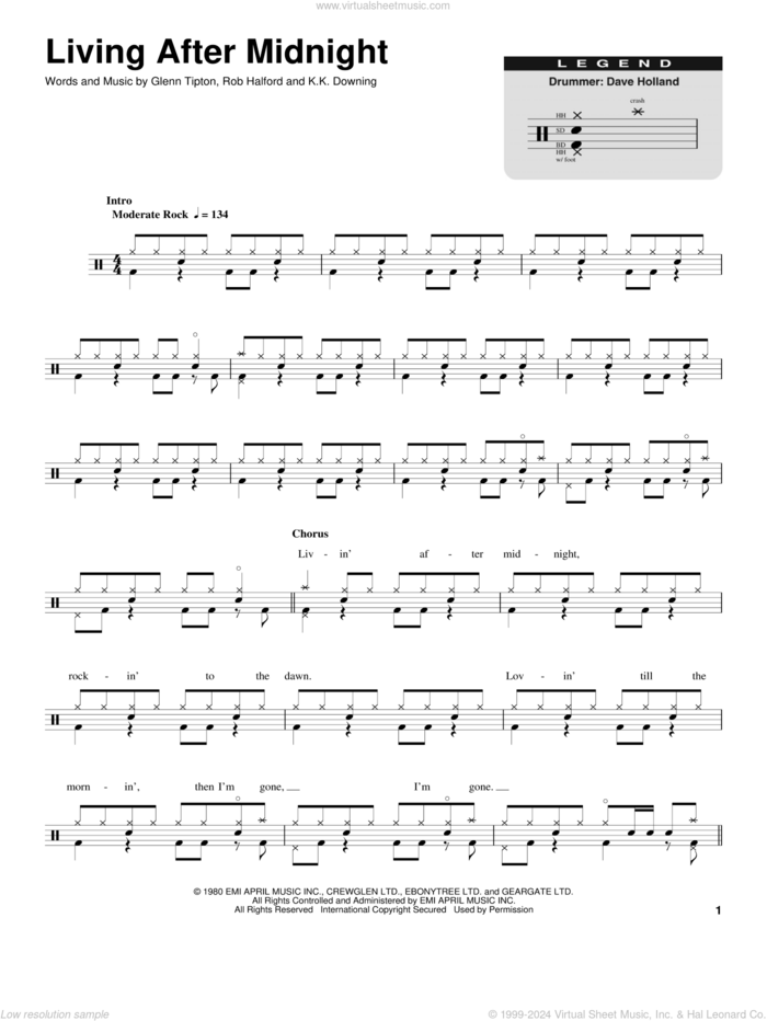 Living After Midnight sheet music for drums by Judas Priest, Glenn Raymond Tipton, Kenneth Downing and Rob Halford, intermediate skill level