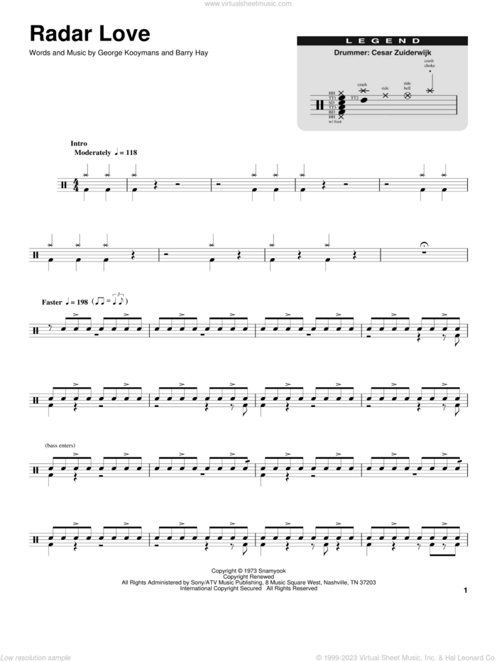Radar Love sheet music for drums by Golden Earring, White Lion, Barry Hay and George Kooymans, intermediate skill level