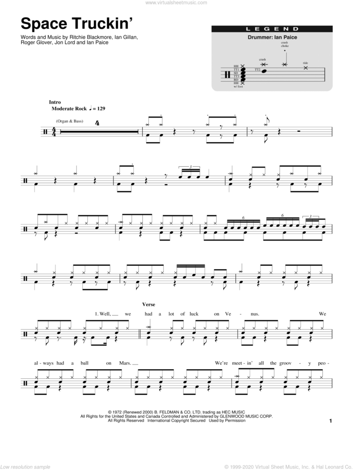 Space Truckin' sheet music for drums by Deep Purple, Ian Gillan, Ian Paice, Jon Lord, Ritchie Blackmore and Roger Glover, intermediate skill level