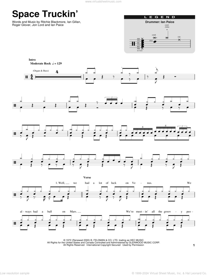 Space Truckin' sheet music for drums by Deep Purple, Ian Gillan, Ian Paice, Jon Lord, Ritchie Blackmore and Roger Glover, intermediate skill level