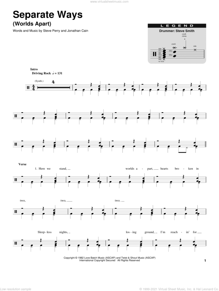 Separate Ways (Worlds Apart) sheet music for drums by Journey, Jonathan Cain and Steve Perry, intermediate skill level