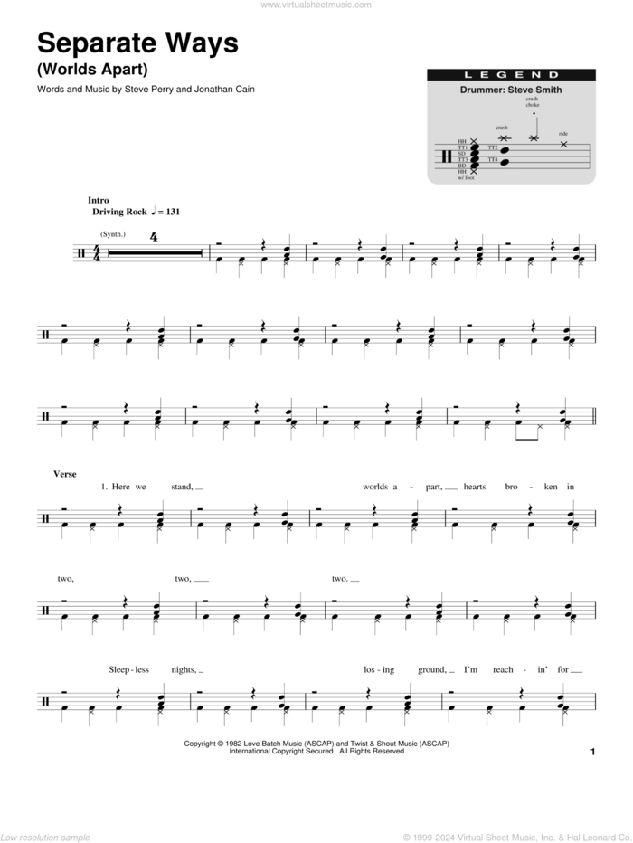 Separate Ways (Worlds Apart) sheet music for drums by Journey, Jonathan Cain and Steve Perry, intermediate skill level