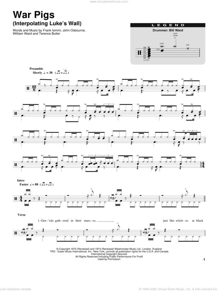 War Pigs (Interpolating Luke's Wall) sheet music for drums by Black Sabbath, Frank Iommi, John Osbourne, Terence Butler and William Ward, intermediate skill level