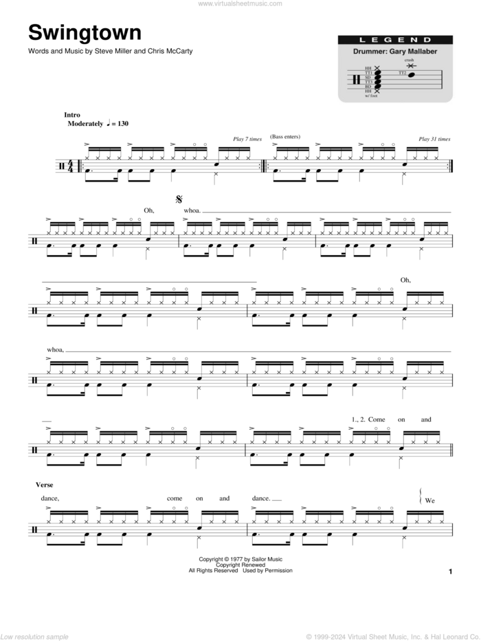 Swingtown sheet music for drums by Steve Miller Band, Chris McCarty and Steve Miller, intermediate skill level