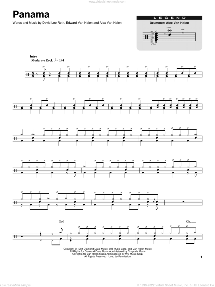 Panama sheet music for drums by Edward Van Halen and Alex Van Halen, intermediate skill level