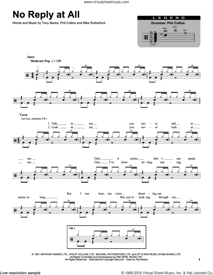 No Reply At All sheet music for drums by Genesis, Mike Rutherford, Phil Collins and Tony Banks, intermediate skill level