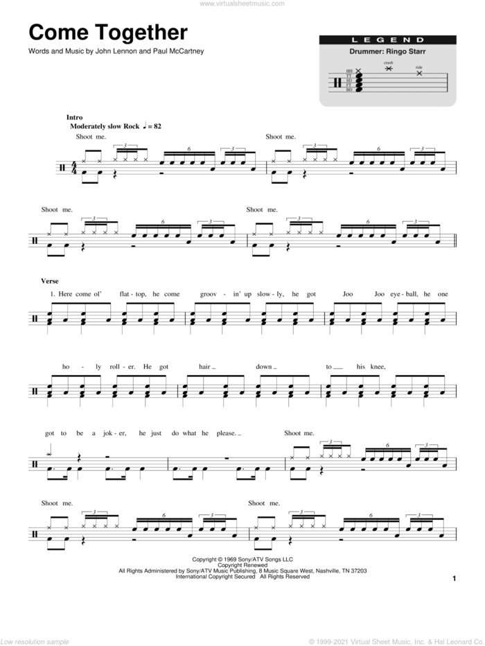 Come Together sheet music for drums by The Beatles, Aerosmith, John Lennon and Paul McCartney, intermediate skill level