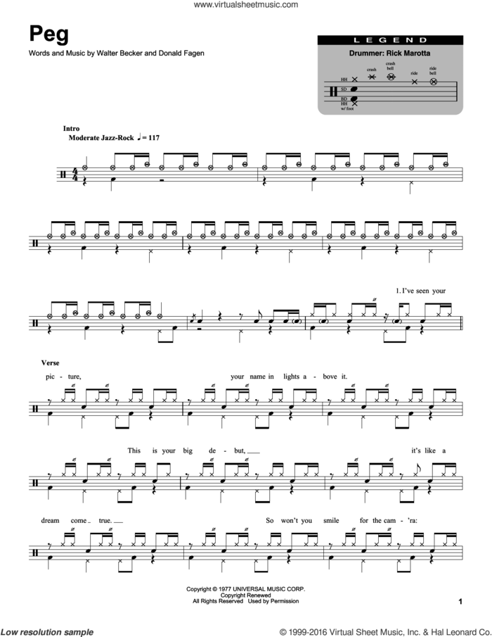Peg sheet music for drums by Steely Dan, Donald Fagen and Walter Becker, intermediate skill level