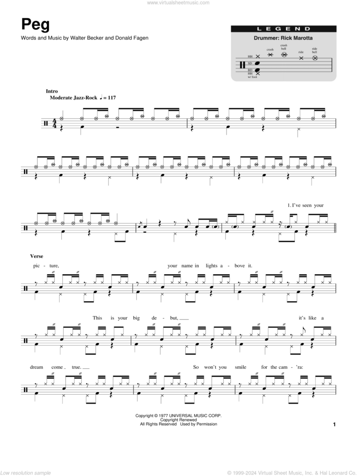 Peg sheet music for drums by Steely Dan, Donald Fagen and Walter Becker, intermediate skill level